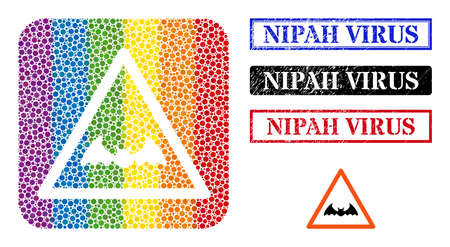 Dot mosaic bat warning stencil pictogram for LGBT, and grunge NIPAH VIRUS stamps. Rectangle seals include NIPAH VIRUS title inside frames. Color rounded square mosaic is around bat warning stencil.のイラスト素材