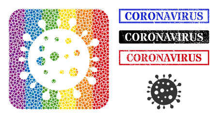 Dot mosaic coronavirus carved pictogram for LGBT, and grunge CORONAVIRUS seal stamps. Rectangle stamps have CORONAVIRUS caption inside frames.のイラスト素材