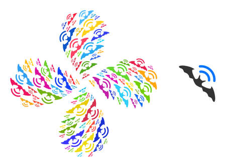 Bat ultrasound icon colorful exploding flower with four petals composition. Object flower with 4 petals designed from scattered bat ultrasound items. Vector flower icon collage in flat style.のイラスト素材