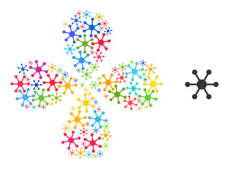 Central node icon multi colored exploding flower cluster shape. Element flower with four petals composed from random central node items. Vector flower icon collage in flat style.のイラスト素材