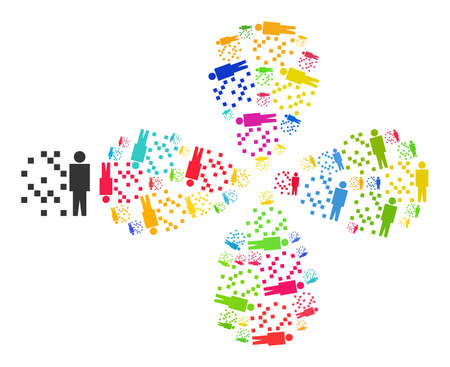 Digital man synthesis icon multi colored exploding flower with 4 petals composition. Object flower with 4 petals composed from random digital man synthesis symbols.のイラスト素材