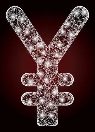 Glowing net mesh yen currency with lightspots on a dark red gradiented background. Vector frame generated from yen currency icon, and from crossing lines. Illuminated frame hatched mesh yen currency.のイラスト素材