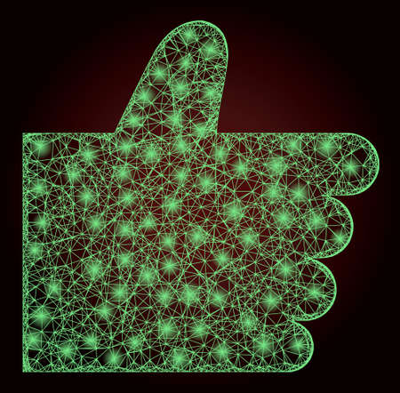 Glowing net mesh thumb up with glowing spots on a dark red gradiented background. Vector model generated from thumb up icon, and with crossing lines. Illuminated carcass hatched mesh thumb up.のイラスト素材