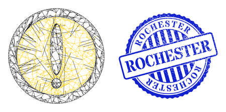 Vector network warning circle framework, and Rochester blue rosette rubber stamp seal. Crossed frame network illustration based on warning circle icon, is created with crossed lines.のイラスト素材