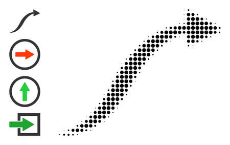 Pixel halftone curve arrow icon, and bonus icons. Vector halftone pattern of curve arrow icon done from spheric elements.のイラスト素材