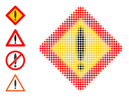 Pixel halftone warning rhombus icon, and bonus icons. Vector halftone collage of warning rhombus icon composed of circle dots.のイラスト素材