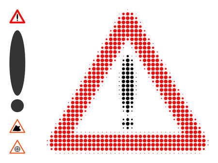 Pixel halftone warning sign icon, and original icons. Vector halftone mosaic of warning sign icon done of spheric pixels.のイラスト素材