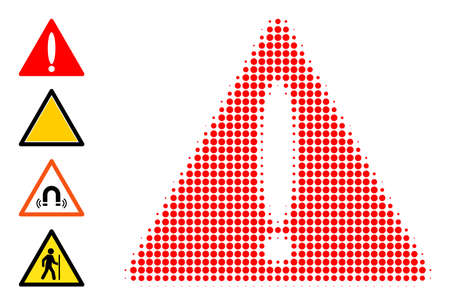 Dotted halftone warning triangle icon, and original icons. Vector halftone composition of warning triangle pictogram combined of round points.のイラスト素材