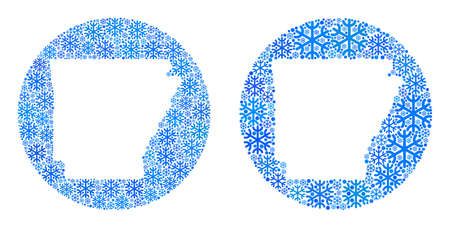 Snow Arkansas State map collage is created with circle and hole. Vector Arkansas State map mosaic of snow particles in various sizes and blue color tones. Created for Christmas templates.のイラスト素材