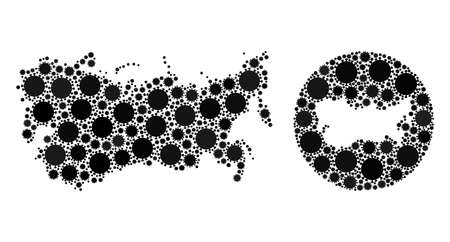 Vector mosaic Soviet Union map of coronavirus icons. Mosaic geographic Soviet Union map created as stencil from circle with coronavirus icons in black color hues. Template for isolation templates.のイラスト素材