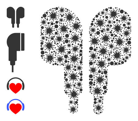 Covid collage compact earphones icon, and additional icons. Compact earphones collage for pandemic images. Vector collage is composed of scattered contagious parts.のイラスト素材