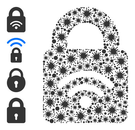 Bacterium mosaic locked Wi-Fi icon, and bonus icons. Locked Wi-Fi mosaic for breakout images. Vector mosaic is organized with random Covid-2019 icons.のイラスト素材