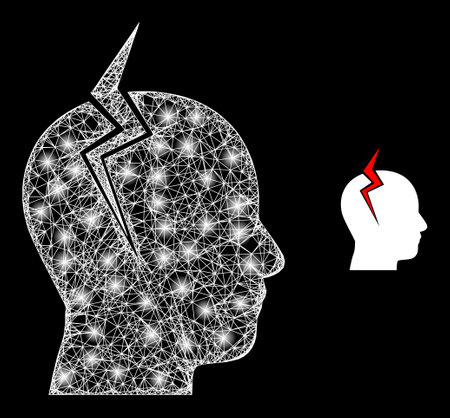 Glossy mesh migrain strike with lightspots. Linear carcass 2D network generated with crossing white lines and migrain strike icon.のイラスト素材