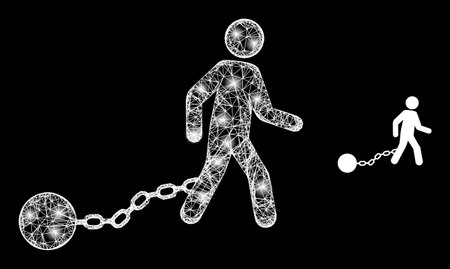 Flare web model slave iron with glowing spots. Linear carcass 2D mesh generated from crossed white lines and slave iron icon. White mesh and sparkle carcass polygonal slave iron on a black background.のイラスト素材