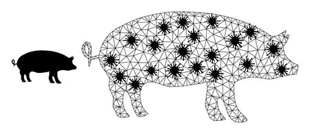 Mesh polygonal pig symbol illustration in lockdown style. Carcass model is based on pig icon with black Covid centers.のイラスト素材