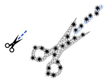 Mesh polygonal scissors line symbol illustration with lockdown style. Carcass model is based on scissors line icon with black virus items.のイラスト素材