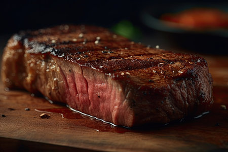 Grilled beef steak on wooden cutting board, close-up.の素材