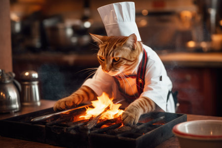 A ginger cat in a chef's hat and a chef's apron prepares a fire.の素材