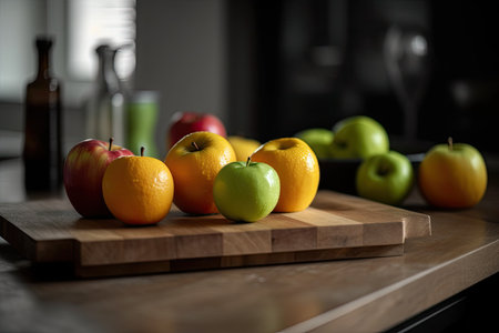 Fresh apples and oranges on wooden cutting board in kitchen, closeupの素材