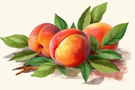 Ripe peaches with leaves on a white background. Vector illustration.の素材