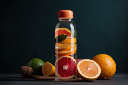 Sliced and whole citrus fruit in a bottle on dark backgroundの素材