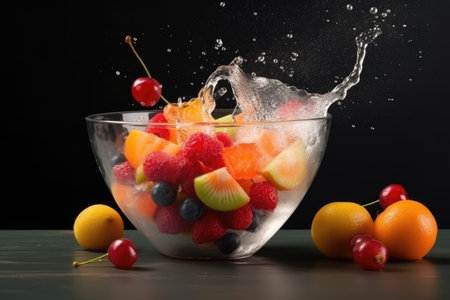 Fruit salad in glass bowl with splashes of water on black backgroundの素材
