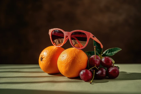 Cherry, orange and sunglasses on a green table. Toned.の素材