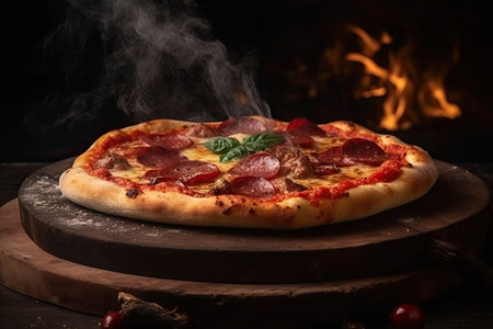 Pizza with pepperoni, salami and mozzarella on wooden backgroundの素材
