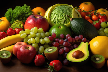 Composition with variety of fruits and vegetables. Healthy food background.の素材