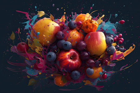 Fruits and berries in splashes of paint on a dark backgroundの素材