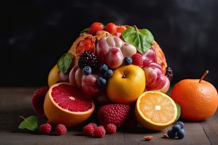Fruit bouquet made of fresh fruits and berries on wooden tableの素材