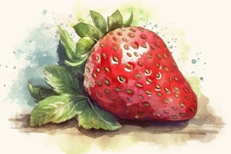 Watercolor painting of a fresh strawberry with leaves on a white backgroundの素材