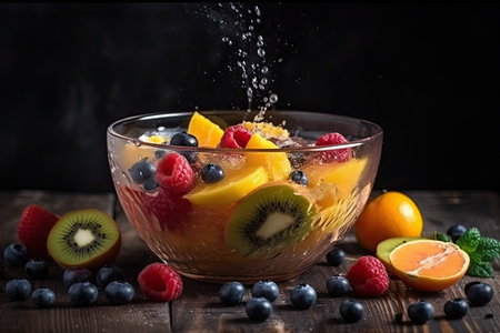 Fruit salad in a glass bowl on a dark wooden background.の素材