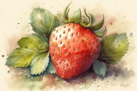 Strawberry with leaves on watercolor background. Hand drawn illustrationの素材