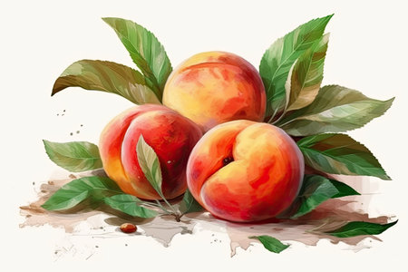 Peaches with leaves on white background. Vector watercolor illustration.の素材