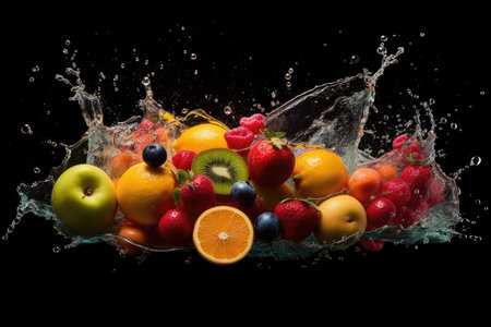 Fruit splashing into water on black background. Concept of healthy eating.の素材
