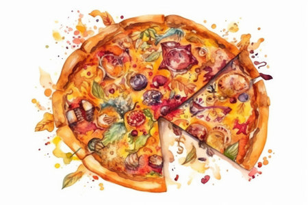 Watercolor pizza isolated on white background. Hand drawn food illustration.の素材
