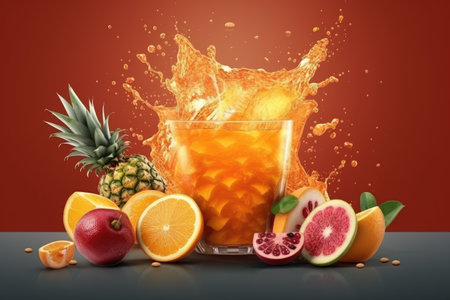 Orange juice splash with fruits on a dark background. 3d renderingの素材