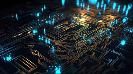 Circuit board futuristic background. 3d rendering toned image double exposureの素材