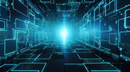 Futuristic cyberspace with glowing grid. 3d renderingの素材