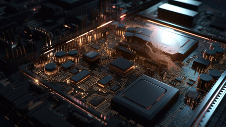 Close-up view of a modern GPU card circuit board. 3D renderingの素材
