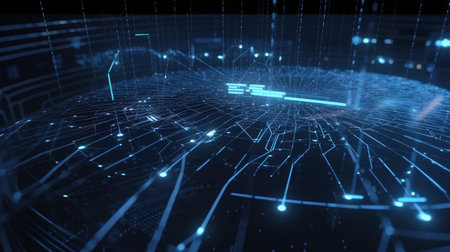 Digital world map with glowing lines and dots. Technology concept. 3D Renderingの素材