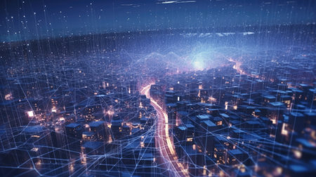 3D rendering of a futuristic city at night with a network connectionの素材