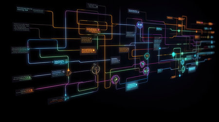 Futuristic technology interface with glowing lines on dark background 3D renderingの素材