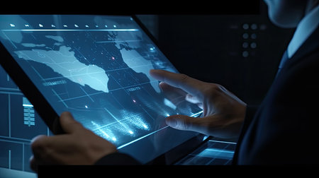 Close up of businesswoman using tablet pc with graphs and diagrams on screenの素材