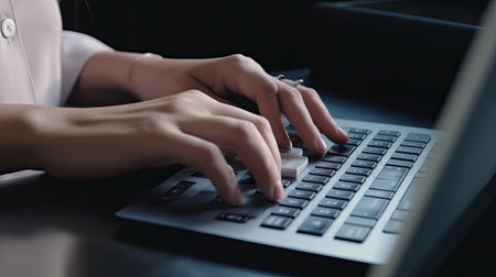 Close-up of businesswoman hands typing on laptop keyboard in officeの素材