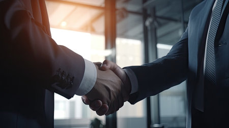 Close up of two businessmen shaking hands in the office. Business concept.の素材
