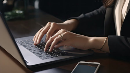 Close-up of businesswoman hands typing on laptop keyboard at office deskの素材