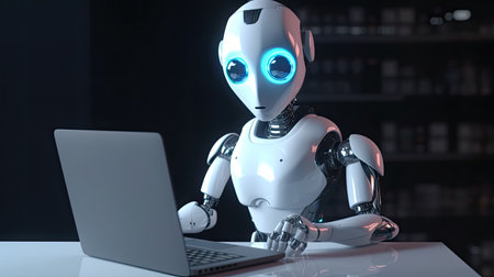 Robot working with a laptop. 3D rendering. AI.の素材
