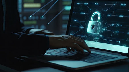 Close up of hacker using laptop with glowing padlock icon on screenの素材